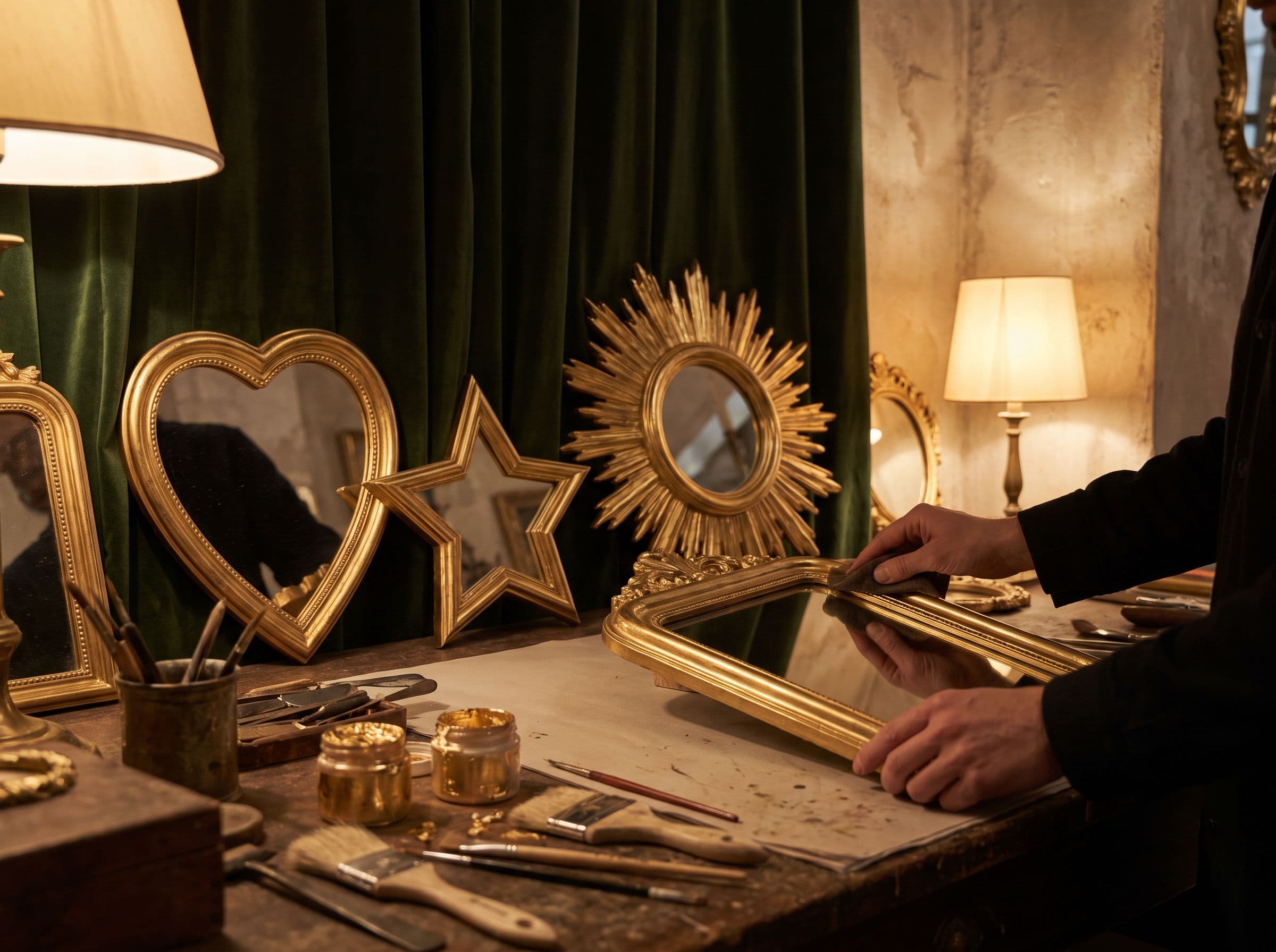 Miroir doré mis en scène dans un intérieur